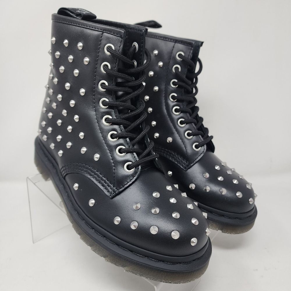 Dr Martens Studded Boots Womens 6 Black Leather Lace Up Combat Moto Shoes